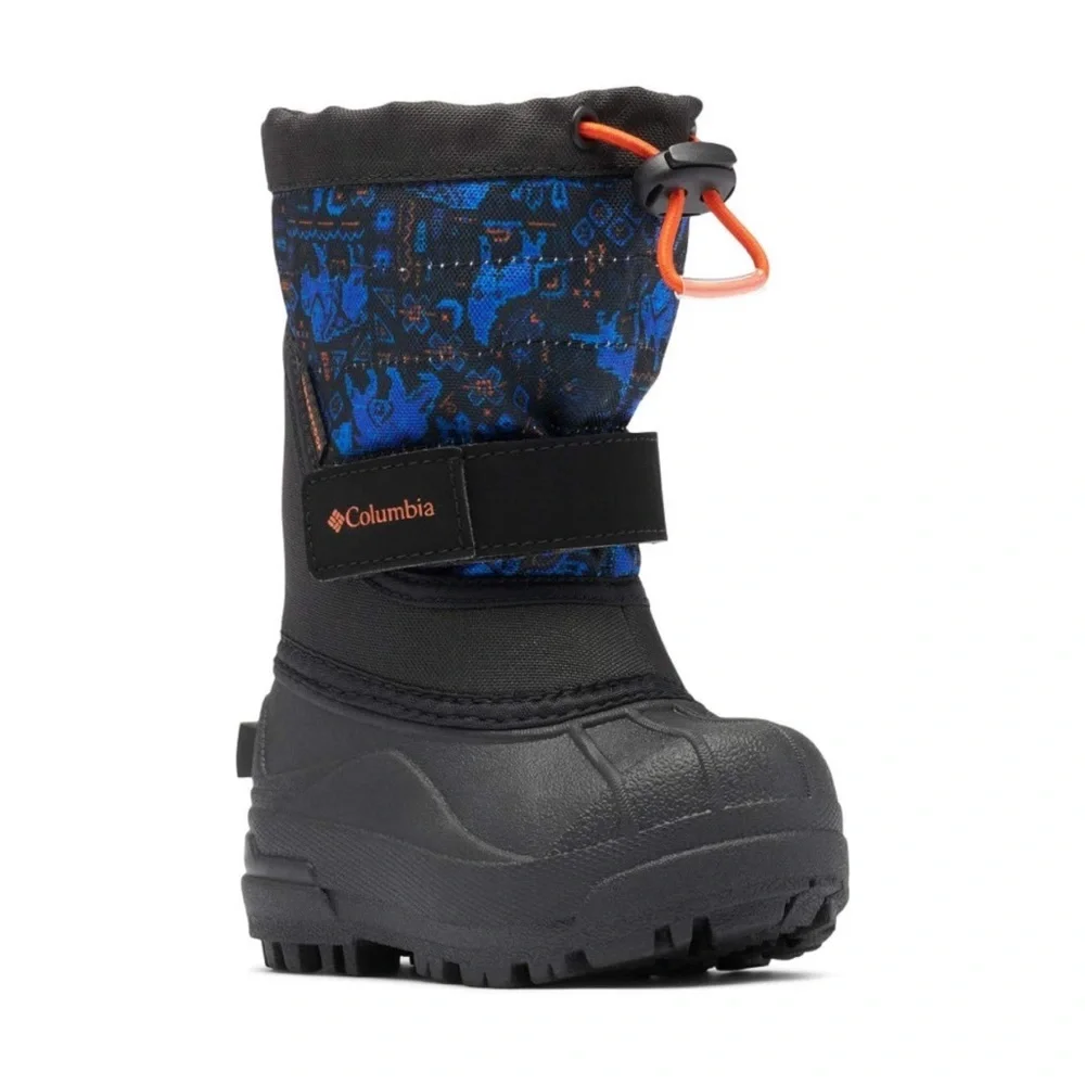 nwt Columbia Youth Powderbug Plus II Print Boot in Blue Black Size 6 & 7 Toddler